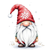 A redgnome stands in the snow, wearing a red hat adorned with a large white snowflake. cutouts png