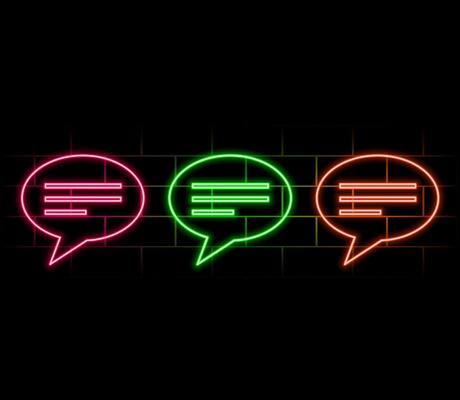 Outline neon chat icon. Glowing neon speech bubble, text message pictogram. Live chat and discussion, online conversation and dialogue, private group and channel. icon set..