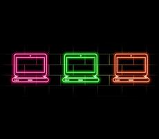 Glowing neon line Laptop icon isolated on brick wall background. Computer notebook with empty screen sign. Colorful outline. vector