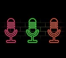 Neon Microphone sign. Glowing microphone icon for podcast, stand up or music show emblem. Retro mic in neon style. illustration. vector