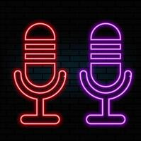 Neon Microphone sign. Glowing microphone icon for podcast, stand up or music show emblem. Retro mic in neon style. illustration... vector
