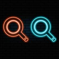 Neon magnifying glass icon. Glowing neon search sign, outline loupe pictogram in vivid colors. Online search, data analysis, find information and exploration. icon set, sign. vector