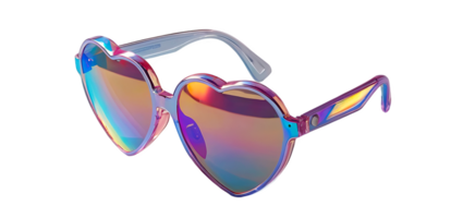 3D chrome element in Y2K style, isolated background, liquid holographic metal. A pair of heart shape sunglasses with rainbow effect. png