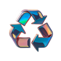 3D chrome element in Y2K style, isolated background, liquid holographic metal. Blue and silver recycling symbol with arrows pointing in different directions, shiny mirror surface. png