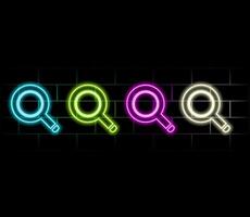 Neon magnifying glass icon. Glowing neon search sign, outline loupe pictogram in vivid colors. Online search, data analysis, find information and exploration. icon set, sign. vector