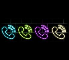 Outline neon ringing handset icon. Glowing neon phone sign, telephone pictogram in vivid colors. Call center, contact phone number, emergency call, hotline and support. icon set. vector