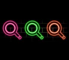 Neon magnifying glass icon. Glowing neon search sign, outline loupe pictogram in vivid colors. Online search, data analysis, find information and exploration. icon set, sign.. vector