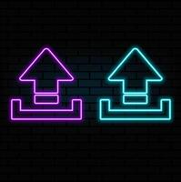 Neon upload icon. Glowing neon upload sign, outline arrow pictogram in vivid colors. Online data saving, information uploading, interaction with files. icon set, sign. vector