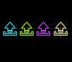 Neon upload icon. Glowing neon upload sign, outline arrow pictogram in vivid colors. Online data saving, information uploading, interaction with files. icon set, sign, symbol.. vector