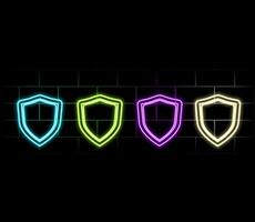 Neon shield icon. Glowing neon shield sign, outline guard symbol in vivid colors. Online security and protection, safety and guarantee emblem, antivirus firewall. Icon set.. vector