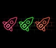 Neon light glow effect. Startup rocket line icon. Launch Project sign. Innovation symbol. 3d line neon glow icon. Brick wall banner. Startup rocket.. vector
