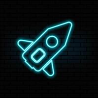 Neon light glow effect. Startup rocket line icon. Launch Project sign. Innovation symbol. 3d line neon glow icon. Brick wall banner. Startup. vector