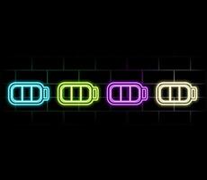 Outline neon charging battery icon. Glowing neon battery with lightning sign and charging circle, wireless electric charger. Inductive dock station for charging devices. icon. vector