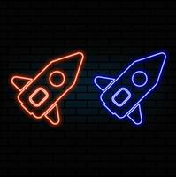 Neon light glow effect. Startup rocket line icon. Launch Project sign. Innovation symbol. 3d line neon glow icon. Brick wall banner. Startup rocket.. vector