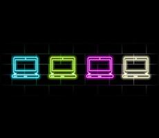 Glowing neon line Laptop icon isolated on brick wall background. Computer notebook with empty screen sign. Colorful outline.. vector