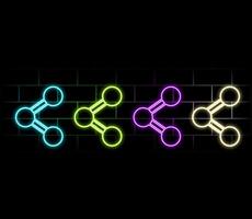 Glowing neon line Share icon isolated on brick wall background. Share, sharing, communication pictogram, social media, connection, network, distribute sign. Colorful outline.. vector