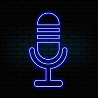 Neon Microphone sign. Glowing microphone icon for podcast, stand up or music show emblem. Retro mic in neon style... vector