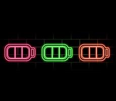 Outline neon charging battery icon. Glowing neon battery with lightning sign and charging circle, wireless electric charger. Inductive dock station for charging devices. icon set.. vector