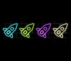 Neon light glow effect. Startup rocket line icon. Launch Project sign. Innovation symbol. 3d line neon glow icon. Brick wall banner. Startup rocket.. vector