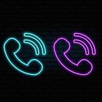 Outline neon ringing handset icon. Glowing neon phone sign, telephone pictogram in vivid colors. Call center, contact phone number, emergency call, hotline and support. icon set, symbol. vector