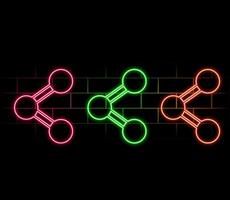 Glowing neon line Share icon isolated on brick wall background. Share, sharing, communication pictogram, social media, connection, network, distribute sign. Colorful outline... vector