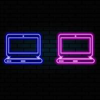 Glowing neon line Laptop icon isolated on brick wall background. Computer notebook with empty screen sign. Colorful outline concept... vector