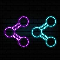Glowing neon line Share icon isolated on brick wall background. Share, sharing, communication pictogram, social media, connection, network, distribute sign. Colorful outline. vector