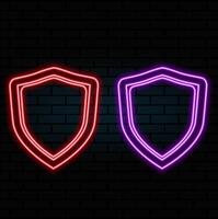 Neon shield icon. Glowing neon shield sign, outline guard symbol in vivid colors. Online security and protection, safety and guarantee emblem, antivirus firewall. Icon set. vector