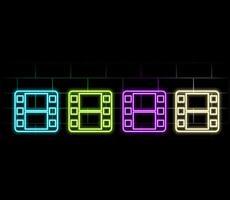 Neon filmstrip isolated on brick wall background. Bright glowing film frame. Movie, cinema, photography. vector