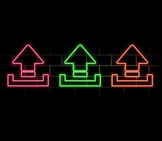 Neon upload icon. Glowing neon upload sign, outline arrow pictogram in vivid colors. Online data saving, information uploading, interaction with files. icon set, sign, symbol. vector