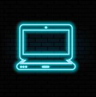 Glowing neon line Laptop icon isolated on brick wall background. Computer notebook with empty screen sign. Colorful.. vector
