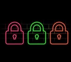 Neon closed lock icon. Glowing neon lock sign, outline padlock silhouette in vivid colors. Personal data protection, cyber security, reliable storage of information. icon set, sign.. vector