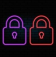 Neon closed lock icon. Glowing neon lock sign, outline padlock silhouette in vivid colors. Personal data protection, cyber security, reliable storage of information. icon set, sign.. vector