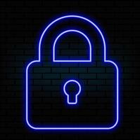 Neon closed lock icon. Glowing neon lock sign, outline padlock silhouette in vivid colors. Personal data protection, cyber security, reliable storage of information. icon set, sign... vector