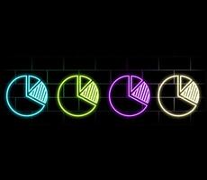 3d rendering wireframe digital techno neon glowing symbol of pie chart with slice with shining dots on black background with blured reflection vector