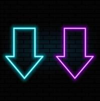Neon arrow symbol icon. Black Background with arrow direction down. Directional sign. Flashing neon icon to the download arrow. neon arrow sign. vector