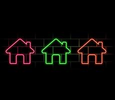 Set of bright neon house icons of different colors. Glowing linear home. vector