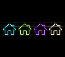 Set of bright neon house icons of different colors. Glowing linear home. vector