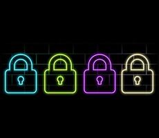 Neon closed lock icon. Glowing neon lock sign, outline padlock silhouette in vivid colors. Personal data protection, cyber security, reliable storage of information. icon set, sign.. vector