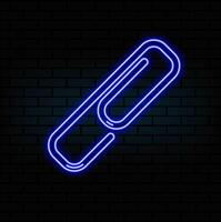 Paper clip with bright glowing futuristic blue neon lights on black background. 3D icon, sign and symbol. Cartoon minimal style. 3D render vector