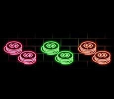 Outline neon dollar token icon. Glowing neon token frame with dollar sign, golden USDT coin pictogram. Digital USD token transaction, cryptocurrency exchange, virtual money wallet. vector