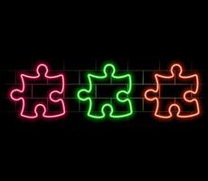 Hyperrealistic animated Neon Puzzle pieces in trendy stylish colours. Futuristic vector