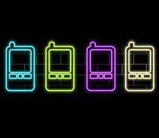 Glowing neon Smartphone, mobile phone icon isolated on white background. Black square vector