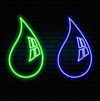 Blue and pink color glowing neon line Oil drop and water drop icon isolated on black background. illustration vector