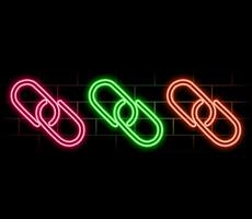 Link icon. Hyperlink chain symbol. Simple icon. Pink neon style on brick wall background. Light vector