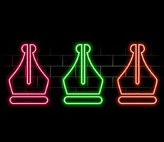 Glowing neon line Fountain pen nib icon isolated on brick wall background. Pen tool sign. Colorful outline vector