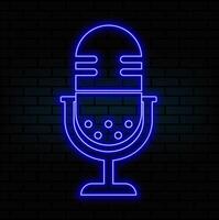 Neon Microphone sign. Glowing microphone icon for podcast, stand up or music show emblem. Retro mic in neon style. illustration..blue vector