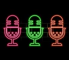 Neon Microphone sign. Glowing microphone icon for podcast, stand up or music show emblem. Retro mic in neon style. illustration..pink vector