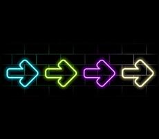 Neon right arrows colourful icons set. Realistic glowing pointers on transparent background. Location indicator for casino, bar, cinema, nightclub and motel, isolated symbol pack..green vector
