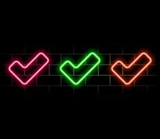 Outline neon Verified badge icon set. Glowing neon blue tick sign, approved checkmark. Verified user in social media, certified and original account, confirmed profile, verification mark. icons.pink vector